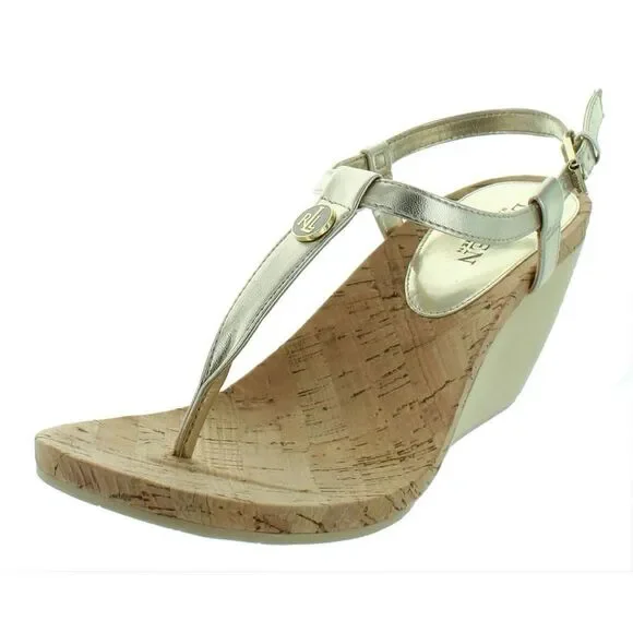 Lauren Ralph Lauren Womens Reeta Gold Cork Signature Solid Wedges Sandals New - Picture 1 of 2